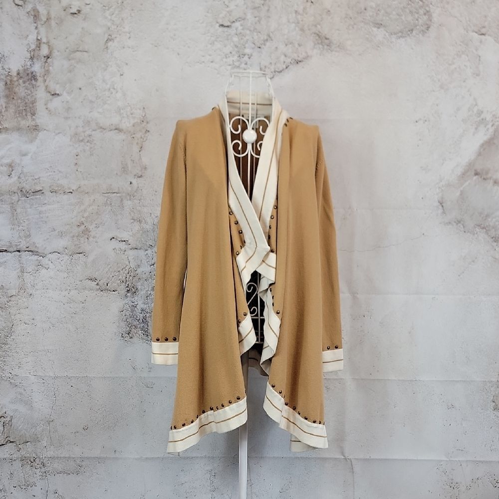 Boston Proper Cashmere Blend Tan and Cream Open Front Cardigan Womens Size M